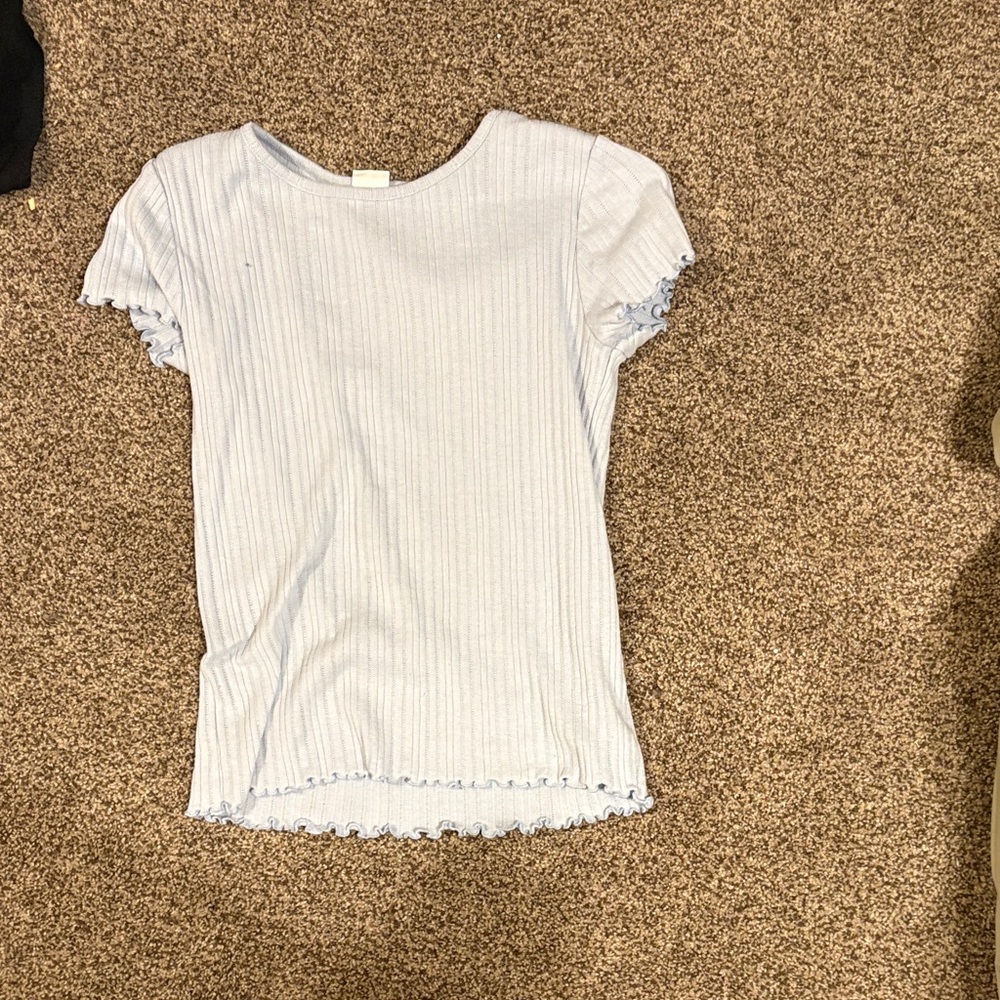 White and Blue Ruffle Trim Top